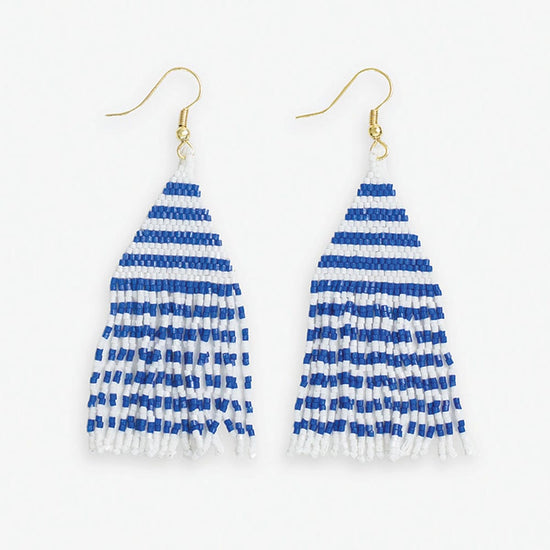 Lexie Game Day Horizontal Stripes Beaded Fringe Earrings Blue and White Fringe Earrings