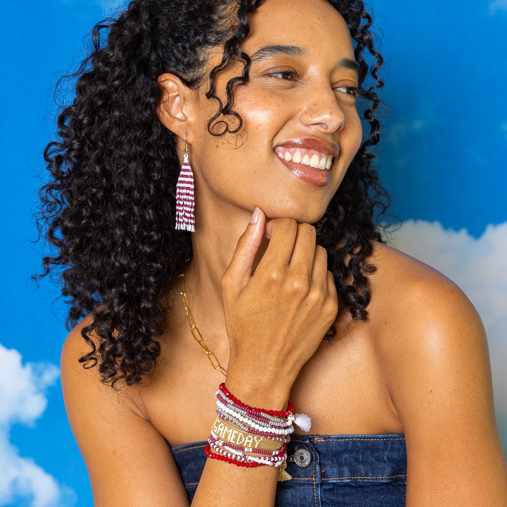 Lexie Game Day Horizontal Stripes Beaded Fringe Earrings Dark Red and White Fringe