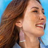 Lexie Game Day Horizontal Stripes Beaded Fringe Earrings Dark Red and White