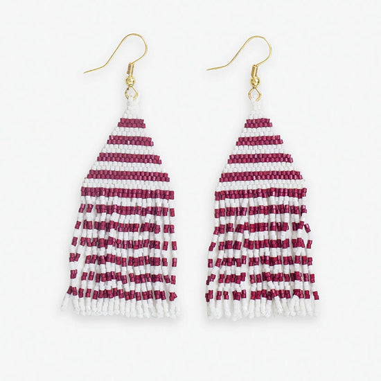 Lexie Game Day Horizontal Stripes Beaded Fringe Earrings Dark Red and White Fringe Earrings