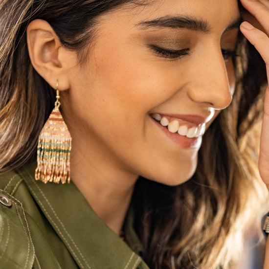 Lexie Horizontal Gold Lines Beaded Fringe Earrings Desert Fringe Earrings