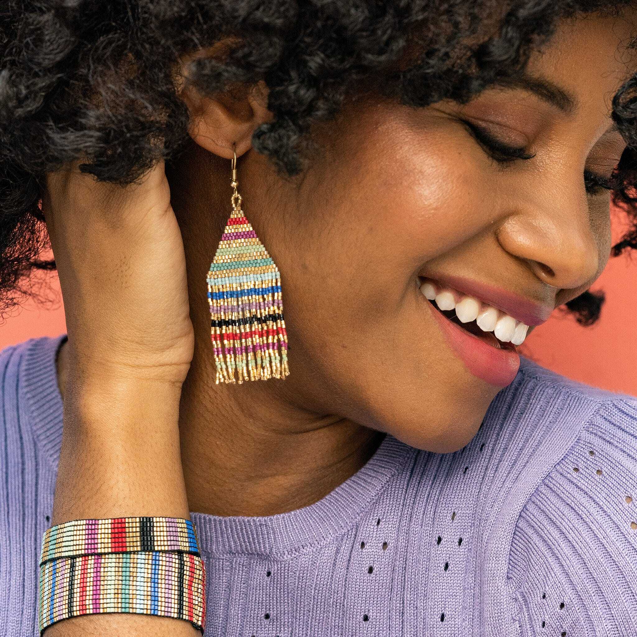 Lexie Horizontal Gold Lines Beaded Fringe Earrings Multicolor Earrings