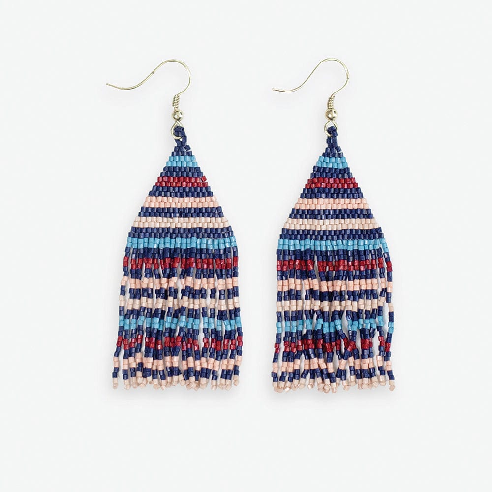 Lexie Horizontal Lines Beaded Fringe Earrings Navy + Silver SHORT FRINGE