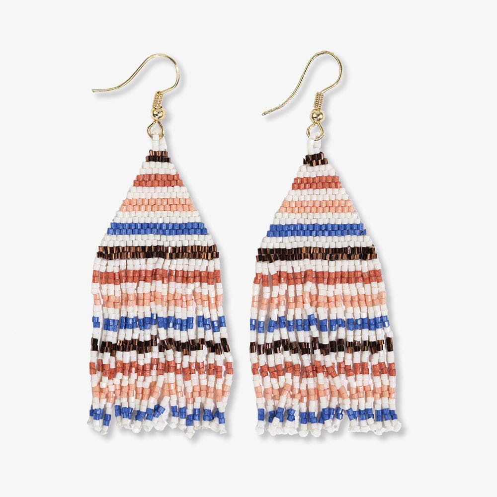 Lexie Horizontal Lines Beaded Fringe Earrings Rust + Lapis SHORT FRINGE