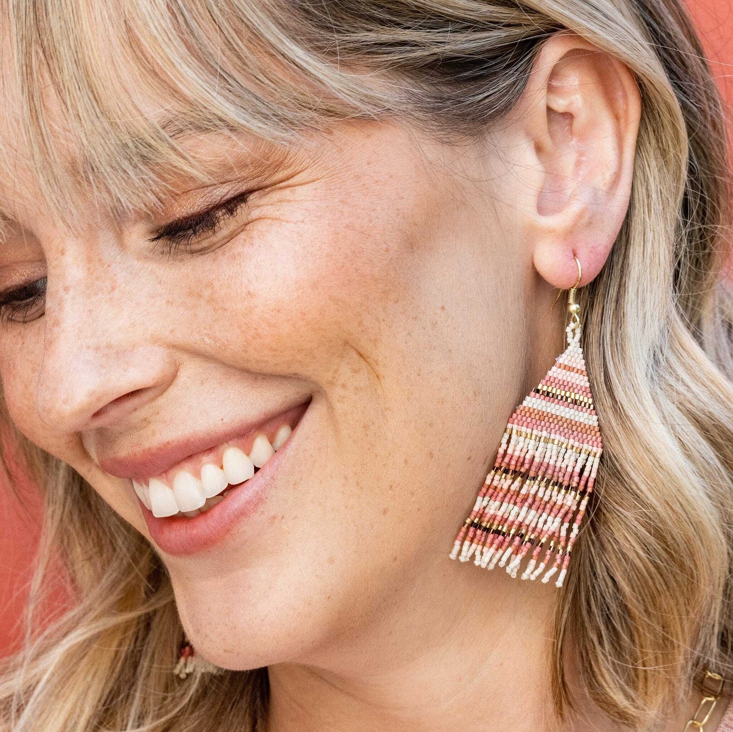 Lexie Horizontal Stripe Beaded Fringe Earrings Light Pink Earrings