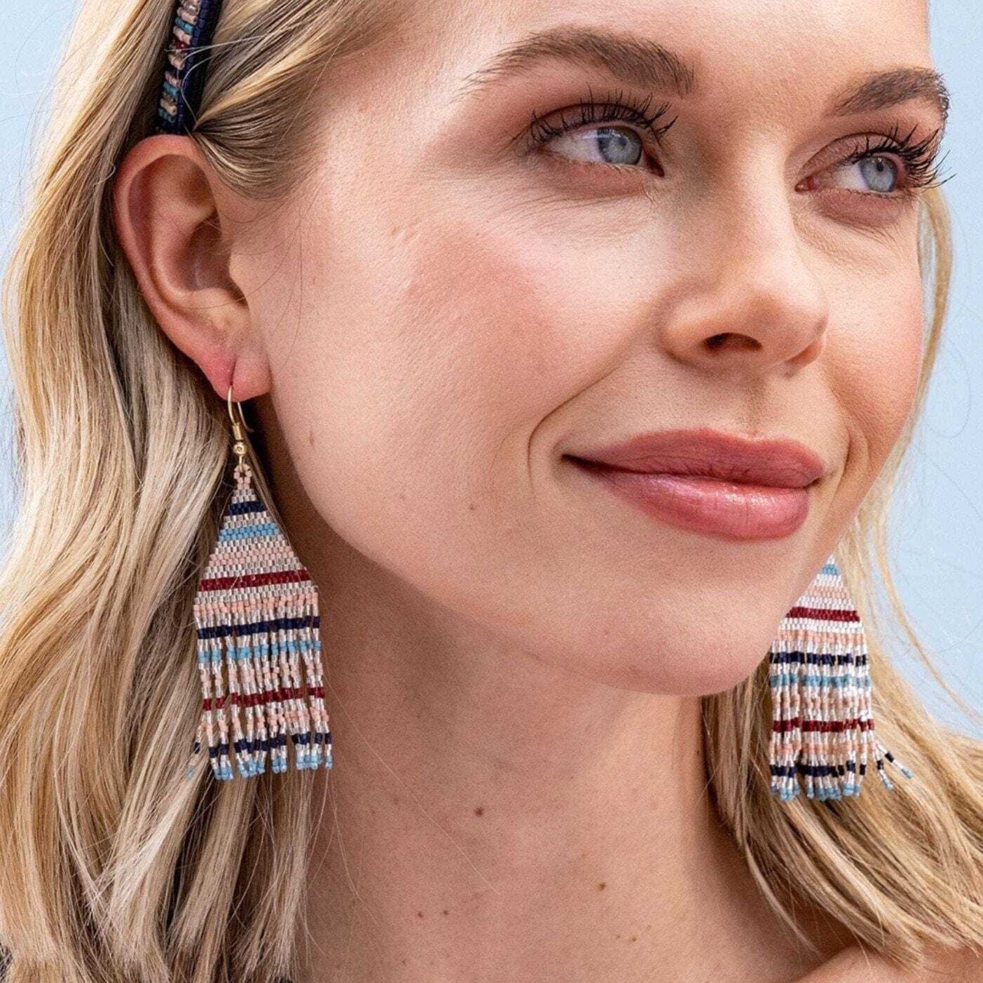 Lexie Horizontal Stripes Beaded Fringe Earrings Navy + Silver Fringe