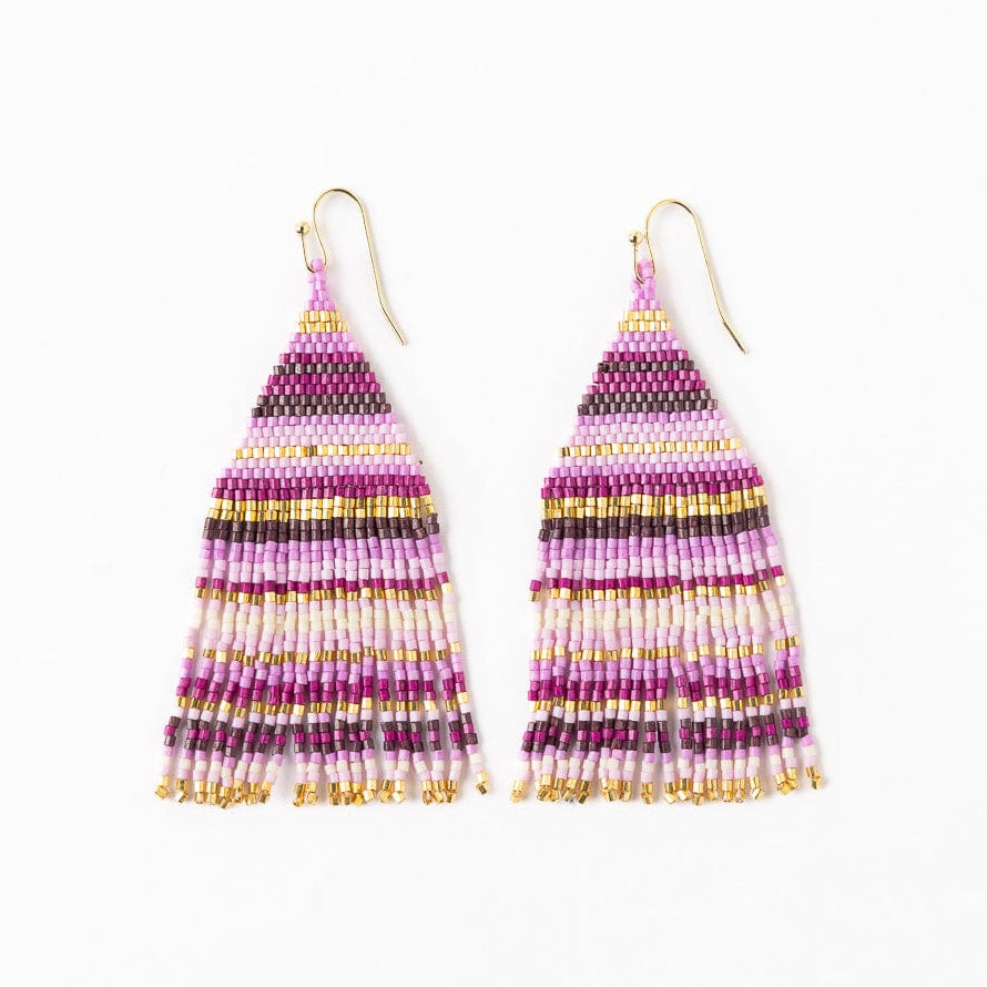 Lexie Horizontal Stripes Beaded Fringe Earrings Purple Fringe