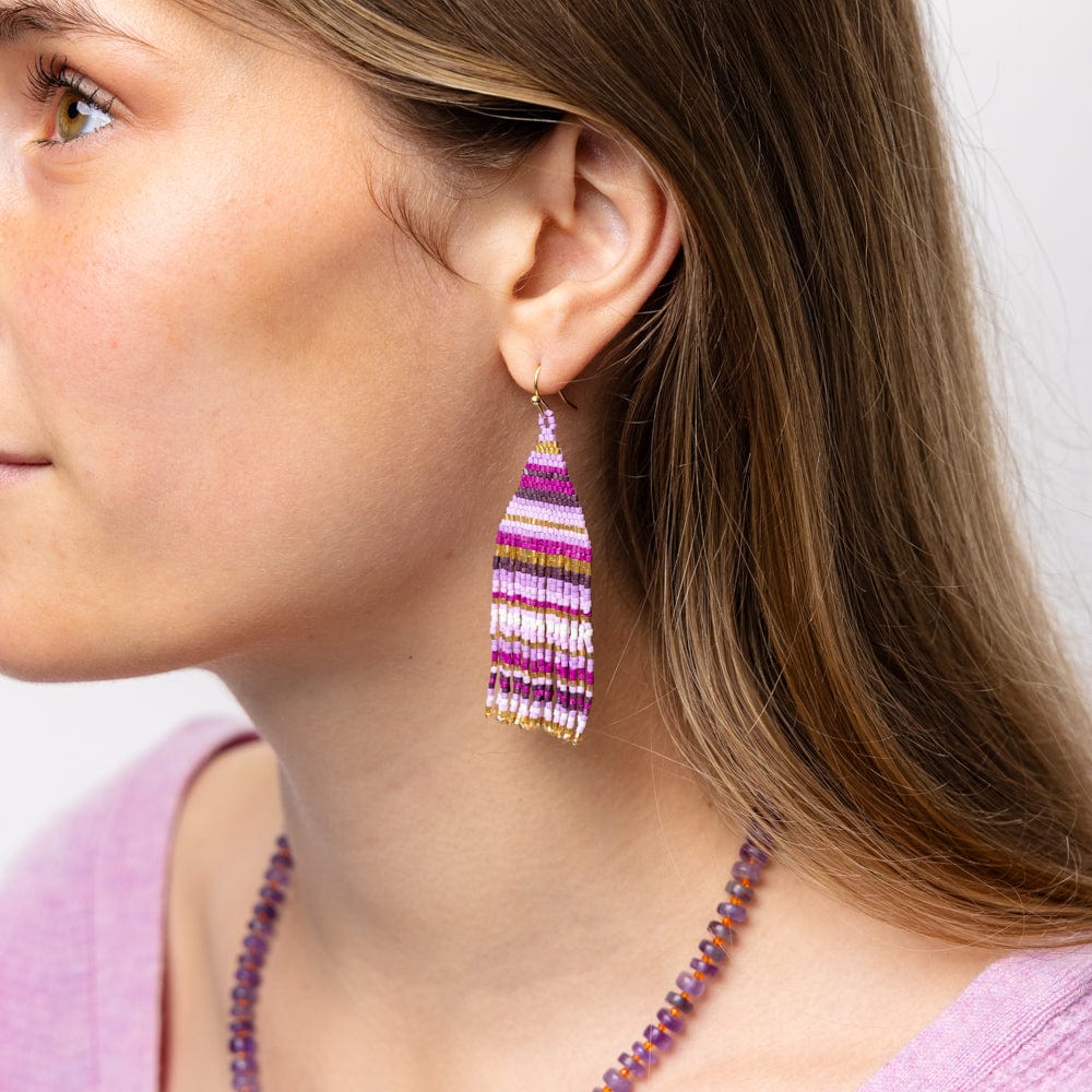 Lexie Horizontal Stripes Beaded Fringe Earrings Purple Fringe