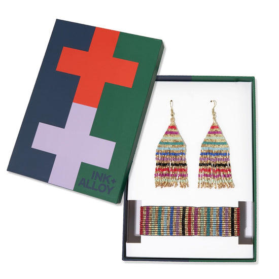 Lexie + Kenzie striped beaded earrings and bracelet set Multi-color