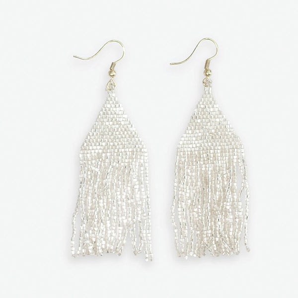 Silver beaded fringe 2024 earrings, long woven seedbead earrings, palladium colorful loom fringe jewelry