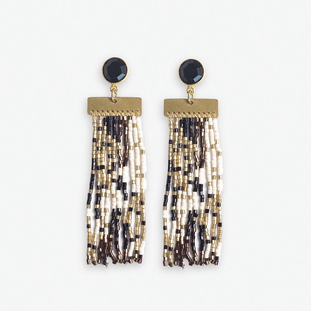 Lilah Semi-Precious Stone Post With Organic Shapes Beaded Fringe Earrings Black/White SHORT FRINGE