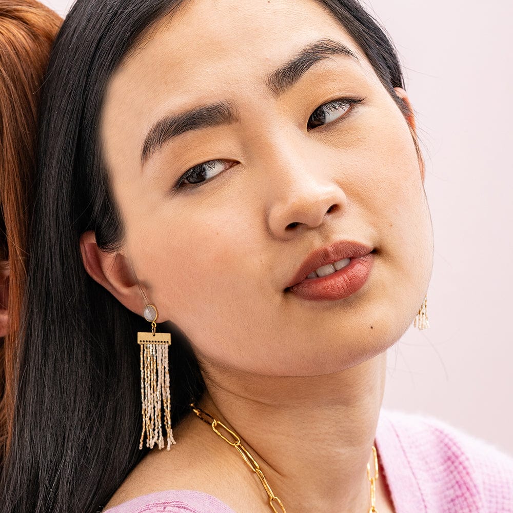 Lilah Semi-Precious Stone Post With Organic Shapes Beaded Fringe Earrings St. Moritz Fringe Earrings