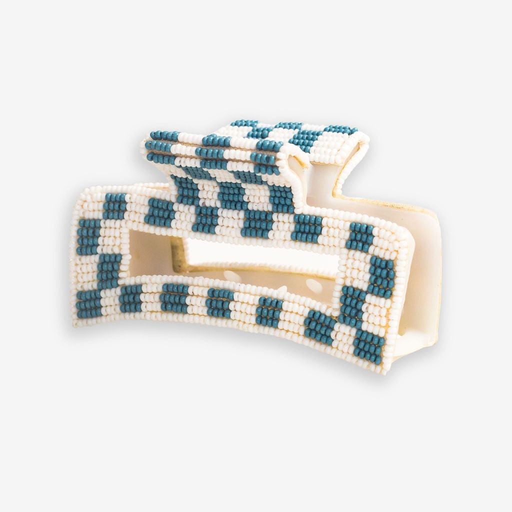 Lola Game Day Checked Beaded Hair Claw Clip Light Blue and White