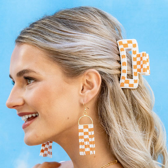 Lola Game Day Checked Beaded Hair Claw Clip Orange and White