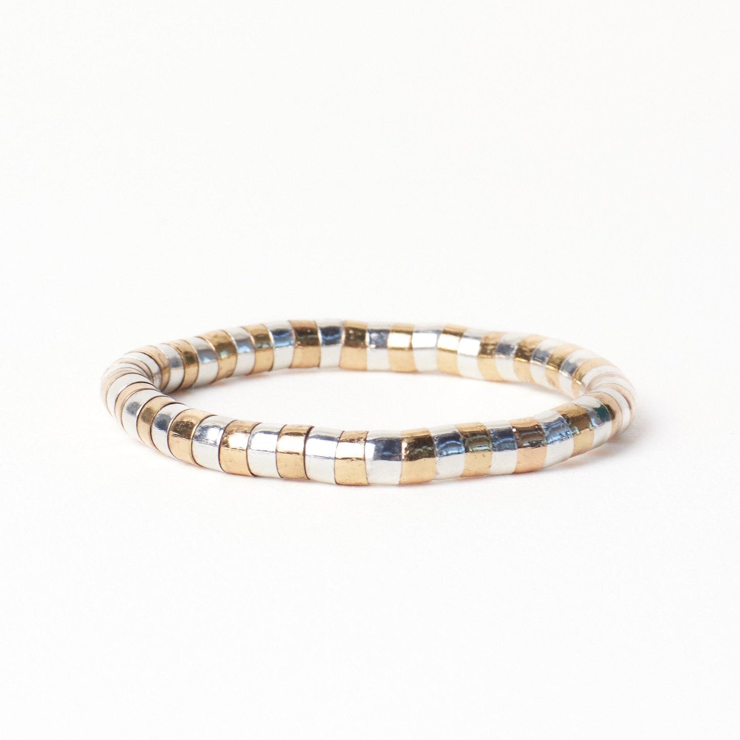 Lucille Round Bead Stretch Bracelet Alternating Brass + Silver Stretch