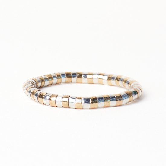 Lucille Round Bead Stretch Bracelet Alternating Brass + Silver Stretch