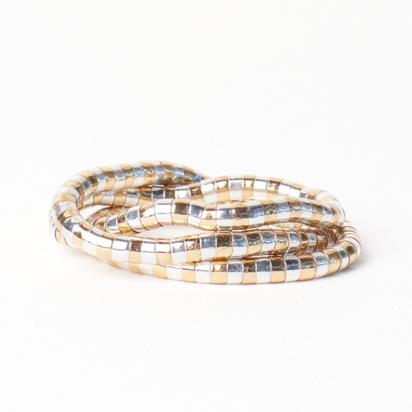 Lucille Round Bead Stretch Bracelet Stack Alternating Brass + Silver Set of 3 Bracelet