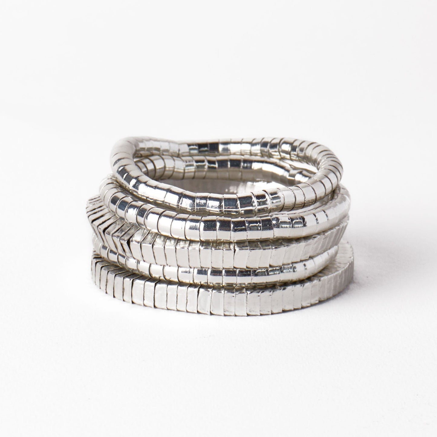 Lucille Round + Square Bead Stretch Bracelets Silver Set of 5 Bracelet