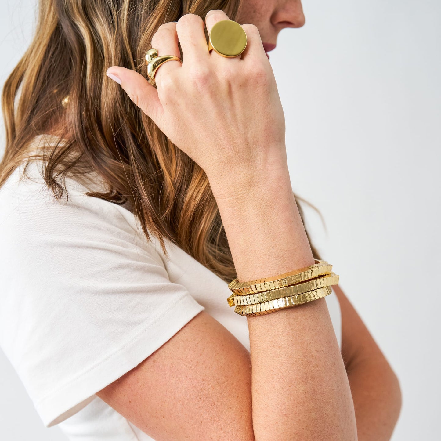 Lucille Square Bead Stretch Bracelet Stack Brass Set of 3 Bracelet