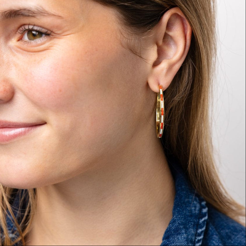 Lulu Hoop Earring Brass With Chanel Of Seed Bead Red Hoops