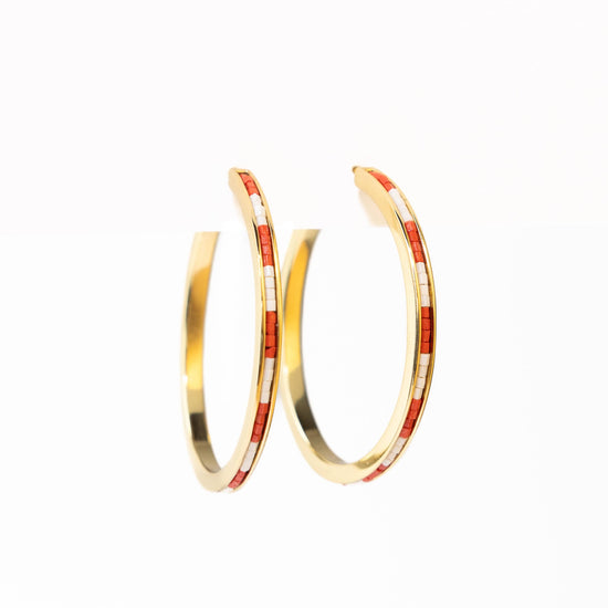 Lulu Hoop Earring Brass With Chanel Of Seed Bead Red Hoops