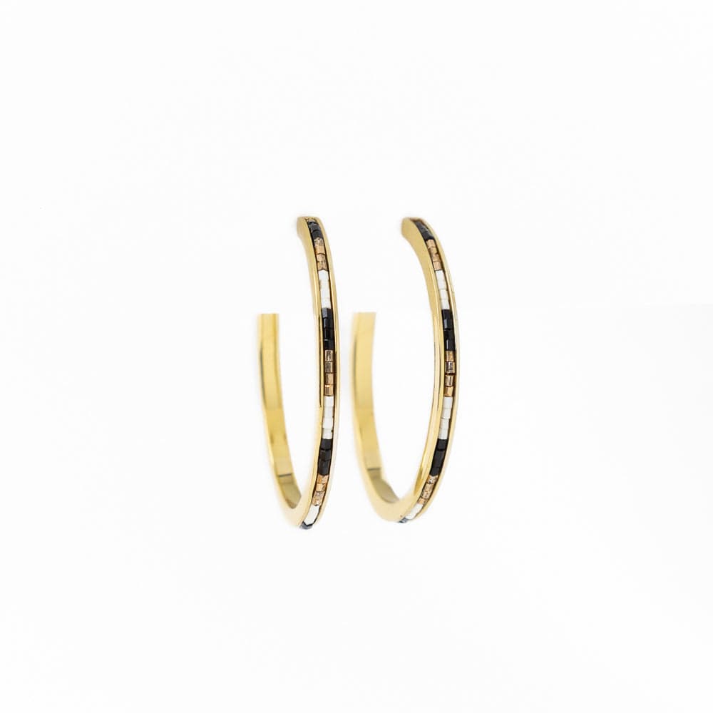Lulu Hoop Earrings Brass With Chanel Of Seed Beads Black, Ivory, + Gold Hoop