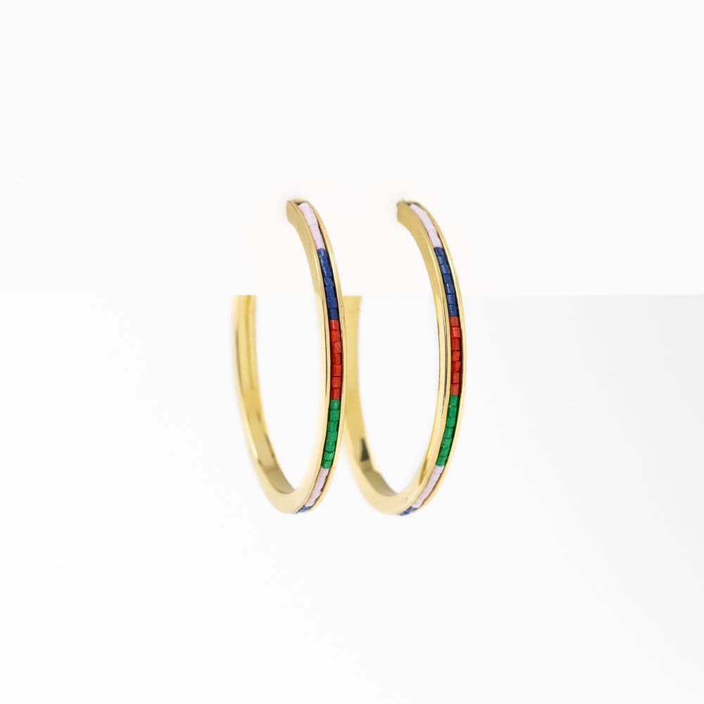 Lulu Hoop Earrings Brass With Chanel Of Seed Beads Lilac, Lapis, Red, + Green Hoop