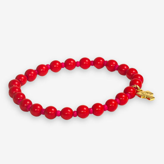 Mabel Round Stones With Alternating Seed Bead Stretch Bracelet Red