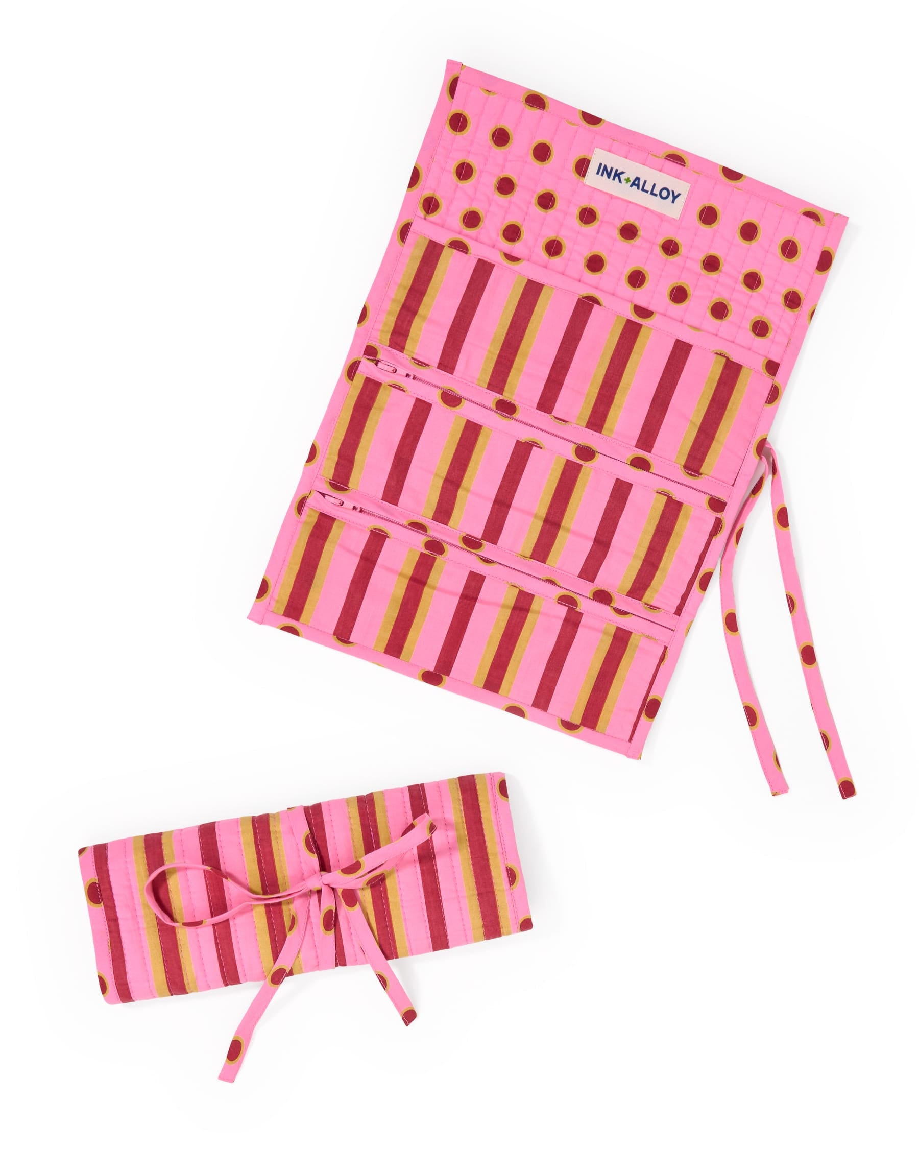 Maddie Jewelry Roll Camel + Pink Stripes With Dot Trim + Lining Jewelry Roll