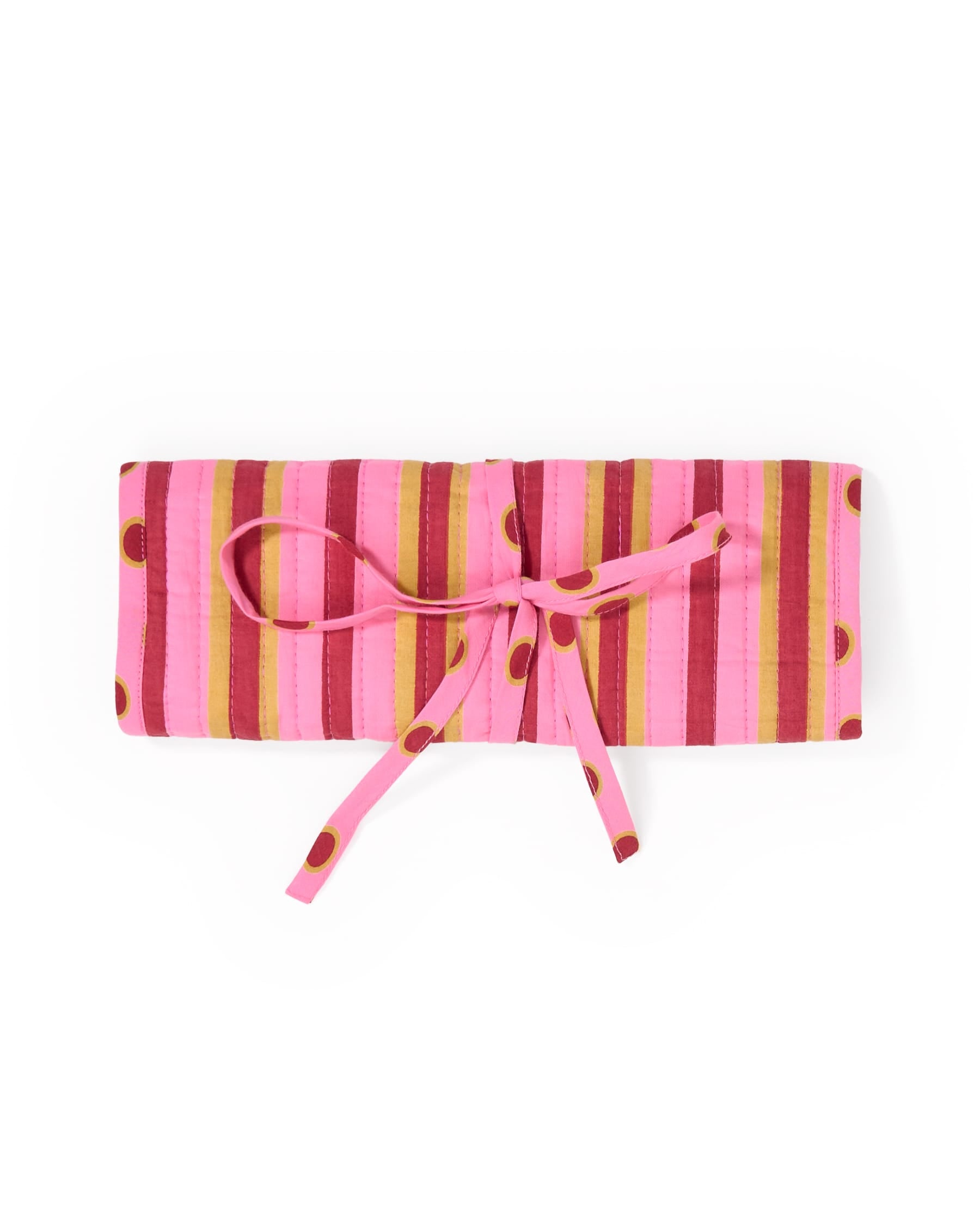 Maddie Jewelry Roll Camel + Pink Stripes With Dot Trim + Lining Jewelry Roll