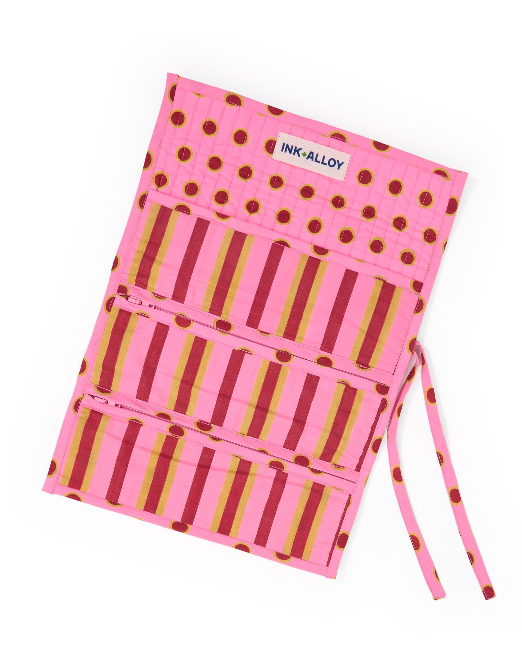 Maddie Jewelry Roll Camel + Pink Stripes With Dot Trim + Lining Jewelry Roll