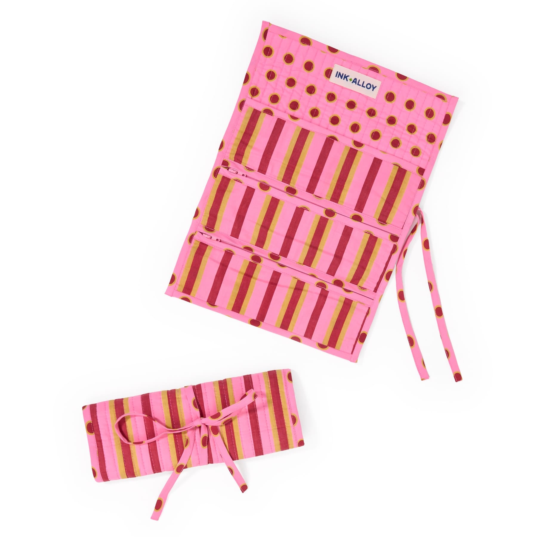 Maddie Jewelry Roll Camel + Pink Stripes With Dot Trim + Lining Jewelry Roll