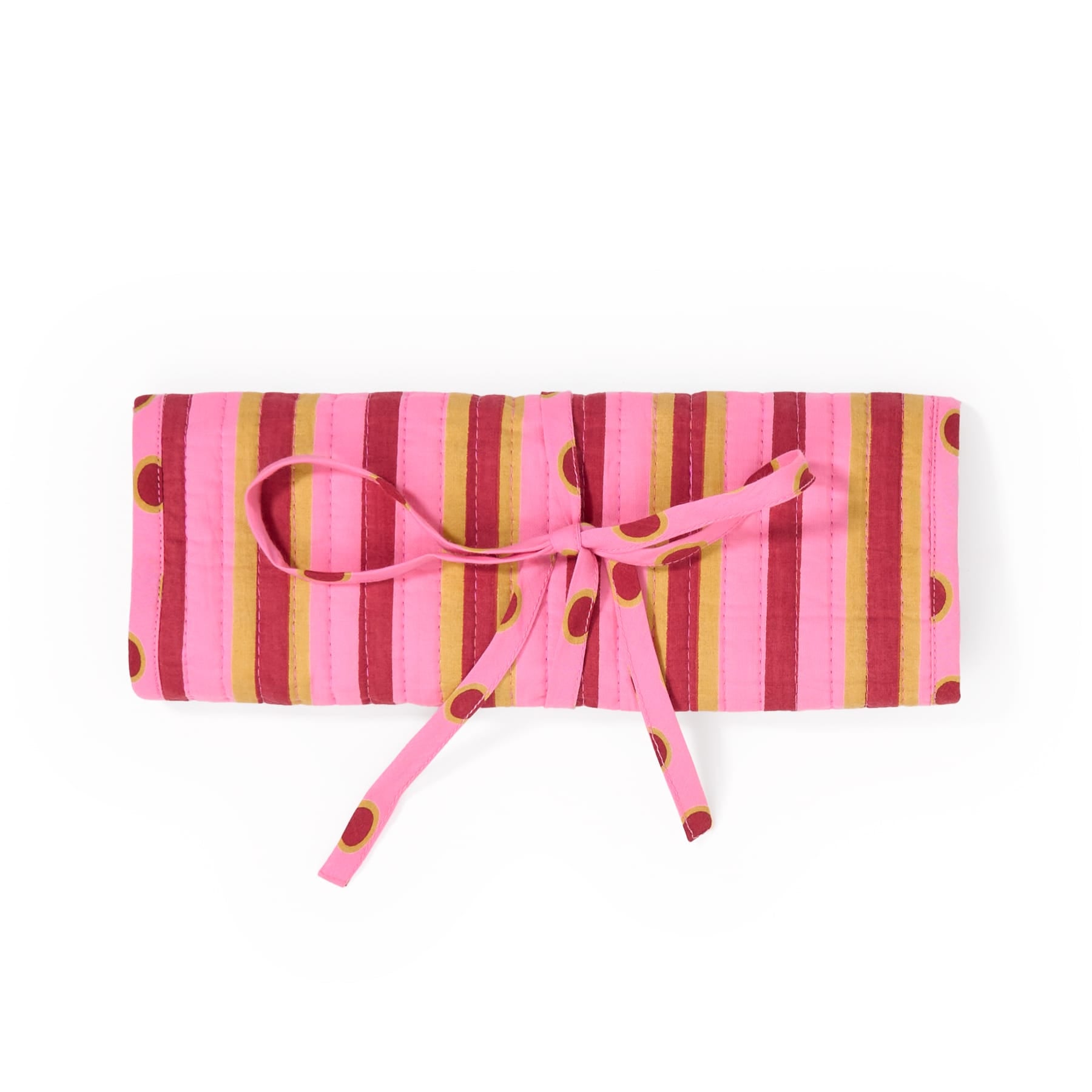 Maddie Jewelry Roll Camel + Pink Stripes With Dot Trim + Lining Jewelry Roll
