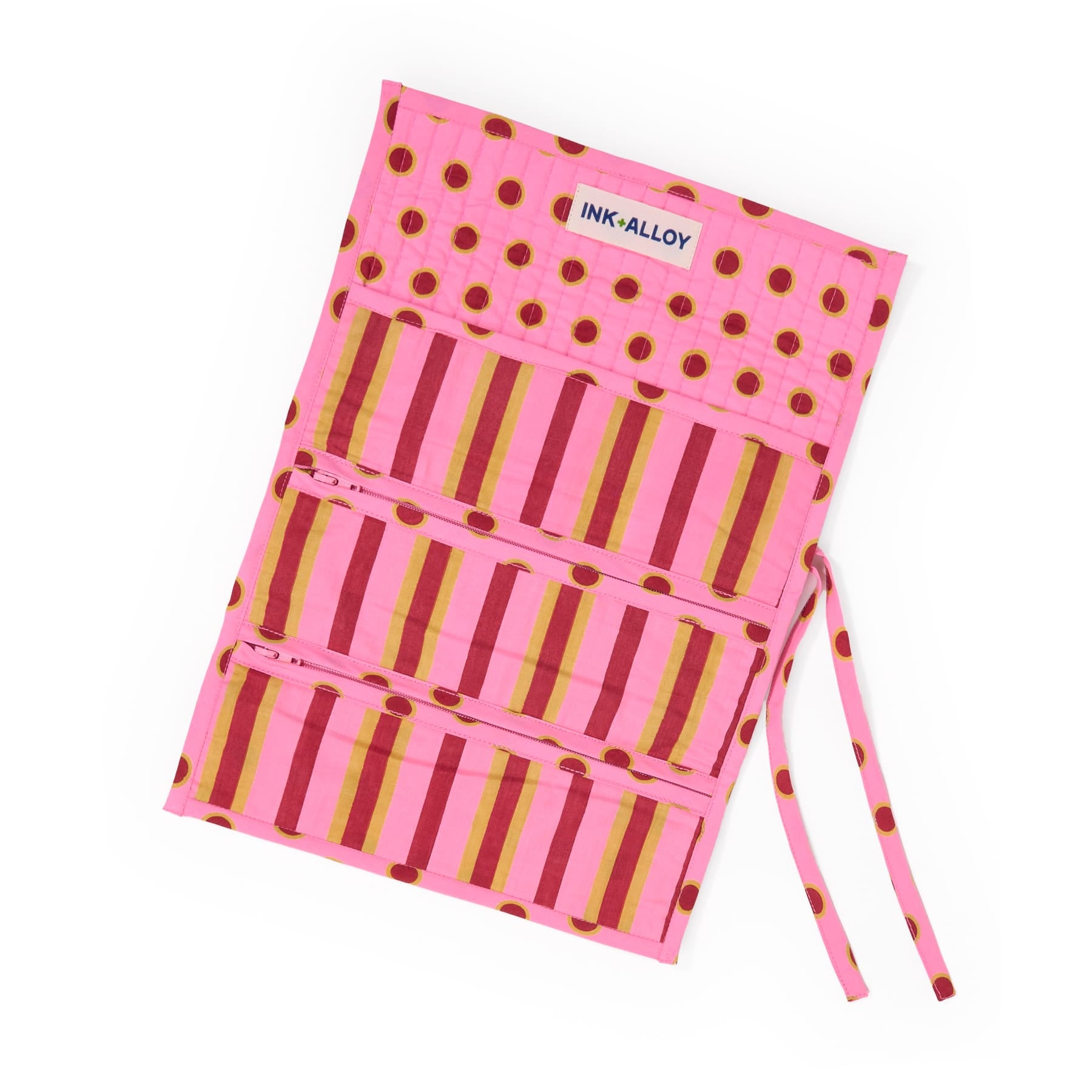 Maddie Jewelry Roll Camel + Pink Stripes With Dot Trim + Lining Jewelry Roll
