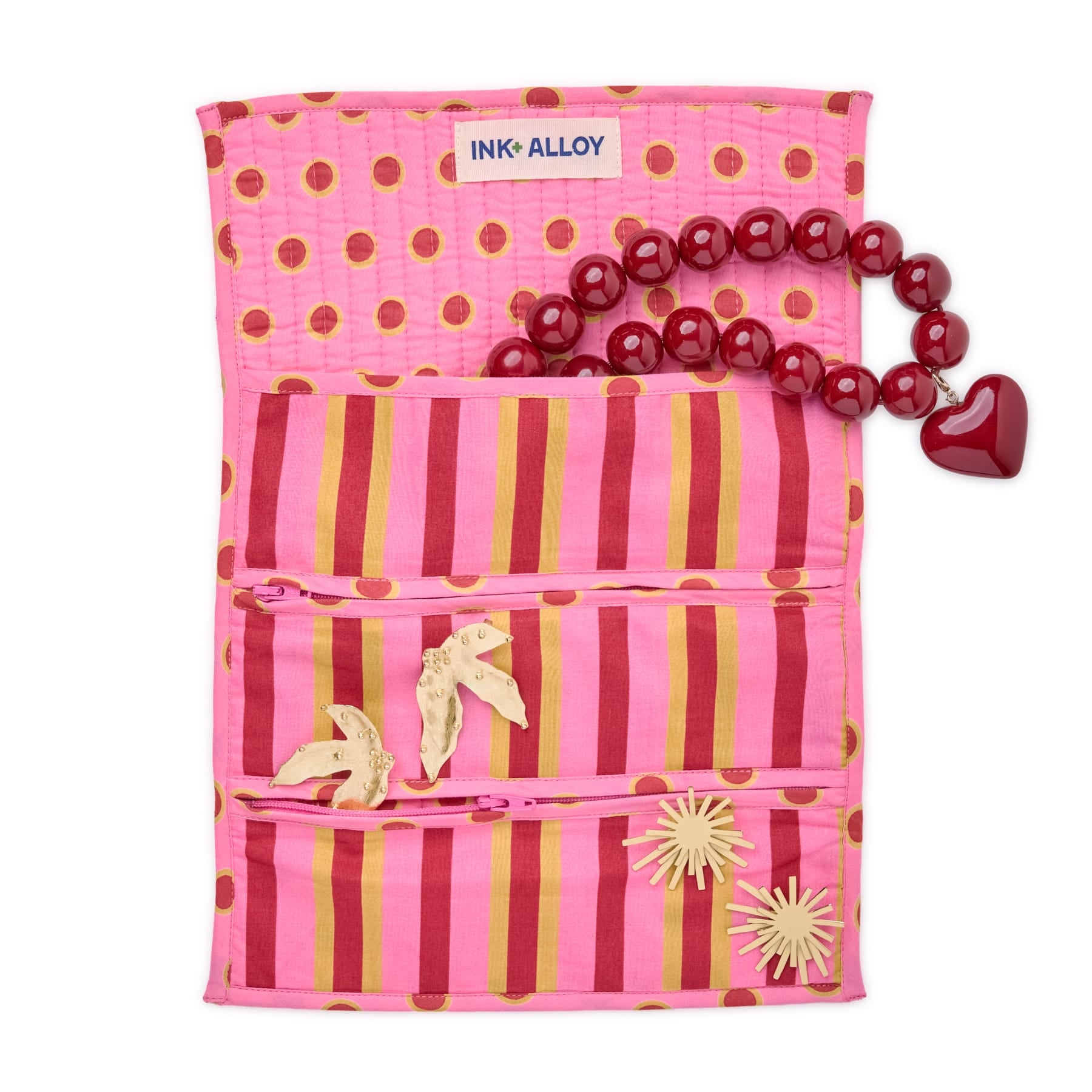 Maddie Jewelry Roll Camel + Pink Stripes With Dot Trim + Lining Jewelry Roll