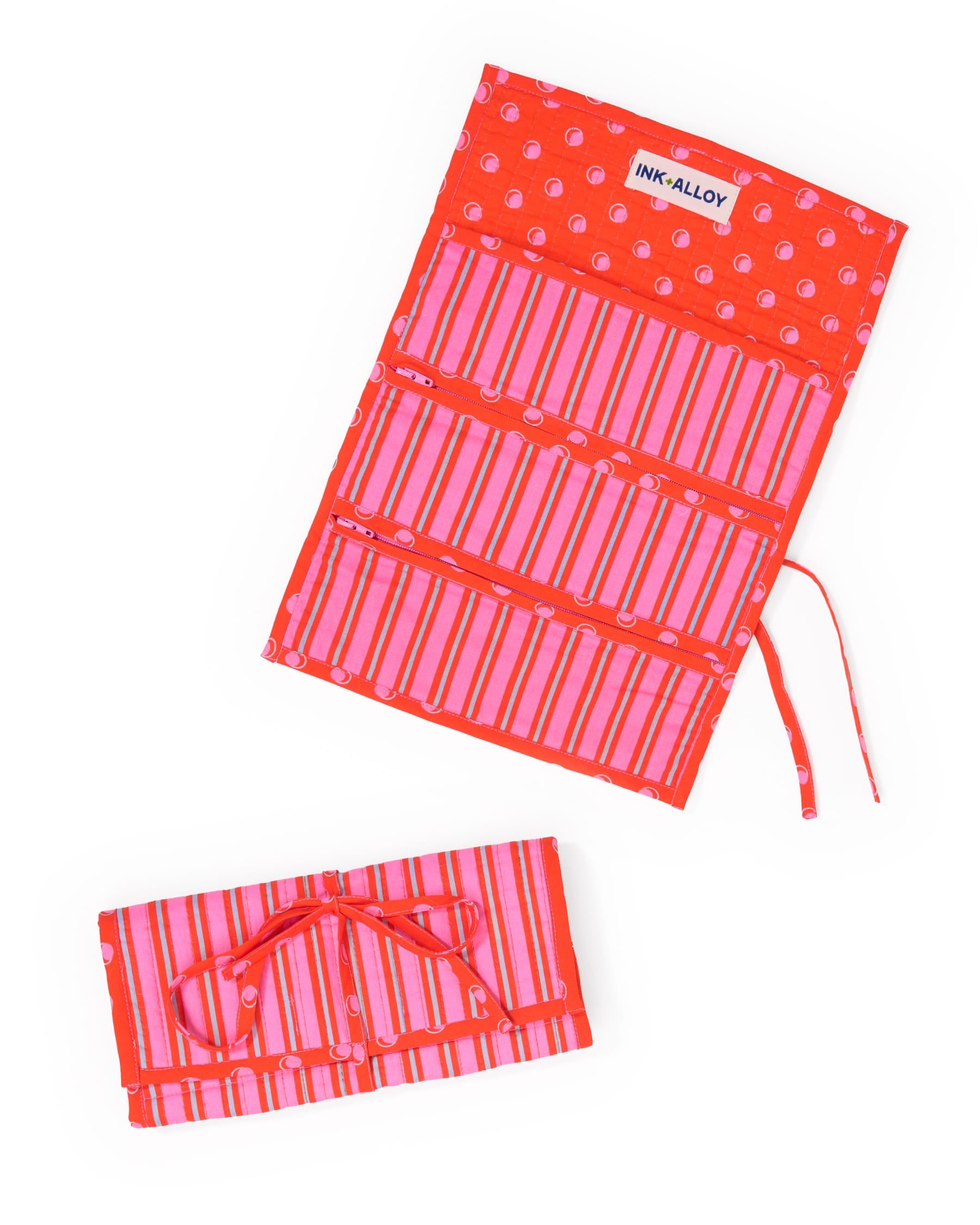 Maddie Jewelry Roll Hot Pink + Orange Stripes With Dot Trim + Lining Jewelry Roll