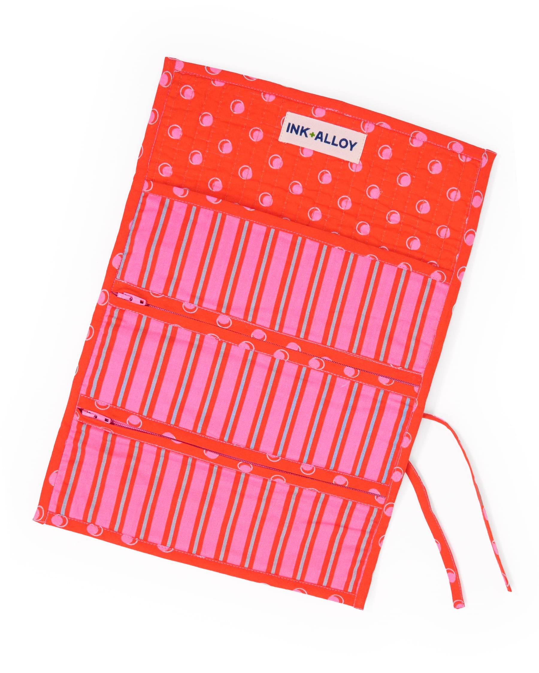 Maddie Jewelry Roll Hot Pink + Orange Stripes With Dot Trim + Lining Jewelry Roll