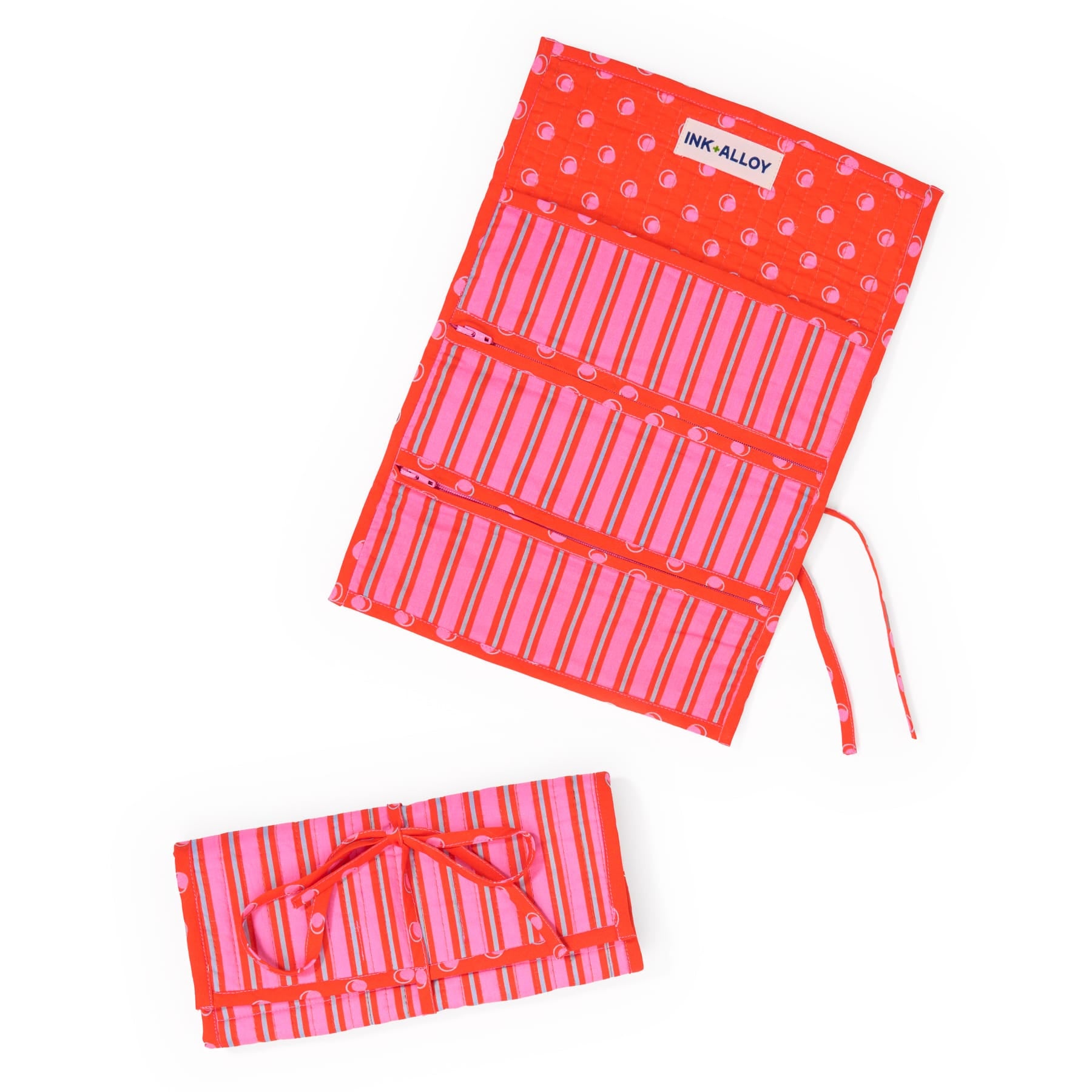 Maddie Jewelry Roll Hot Pink + Orange Stripes With Dot Trim + Lining Jewelry Roll
