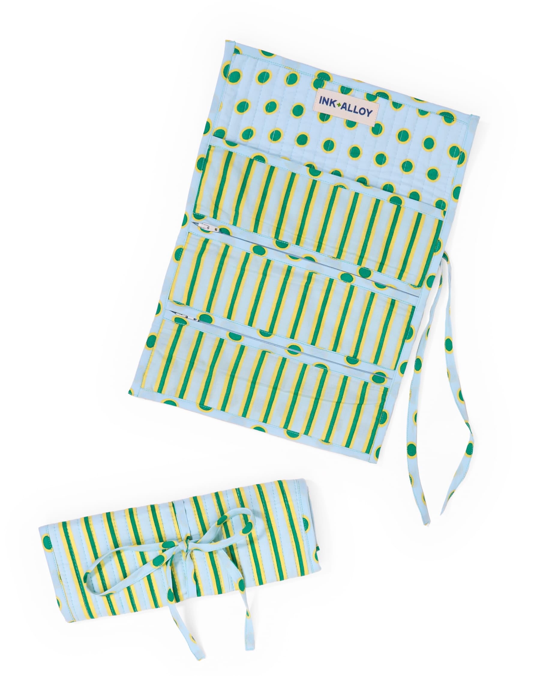 Maddie Jewelry Roll Light Blue + Citron Stripes With Dot Trim + Lining Jewelry Roll