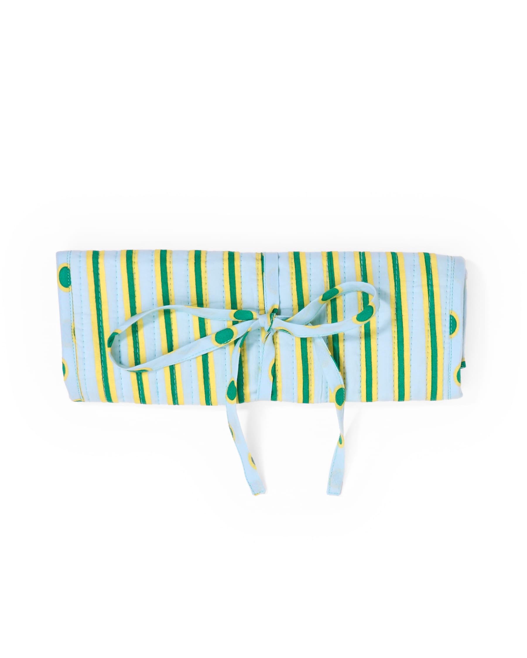 Maddie Jewelry Roll Light Blue + Citron Stripes With Dot Trim + Lining Jewelry Roll