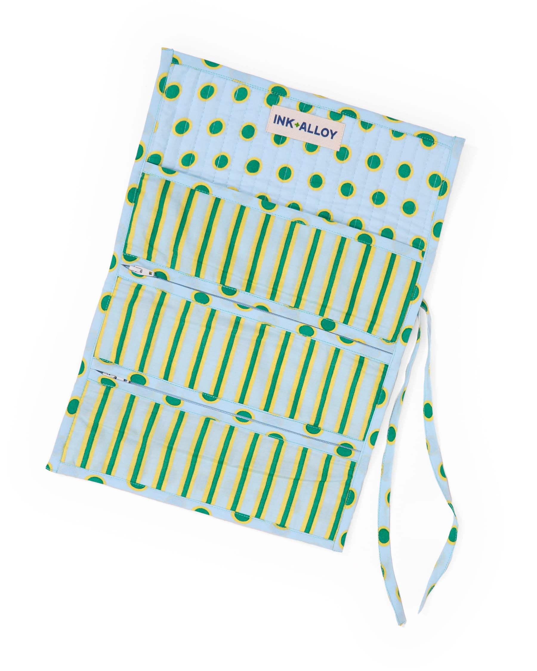 Maddie Jewelry Roll Light Blue + Citron Stripes With Dot Trim + Lining Jewelry Roll