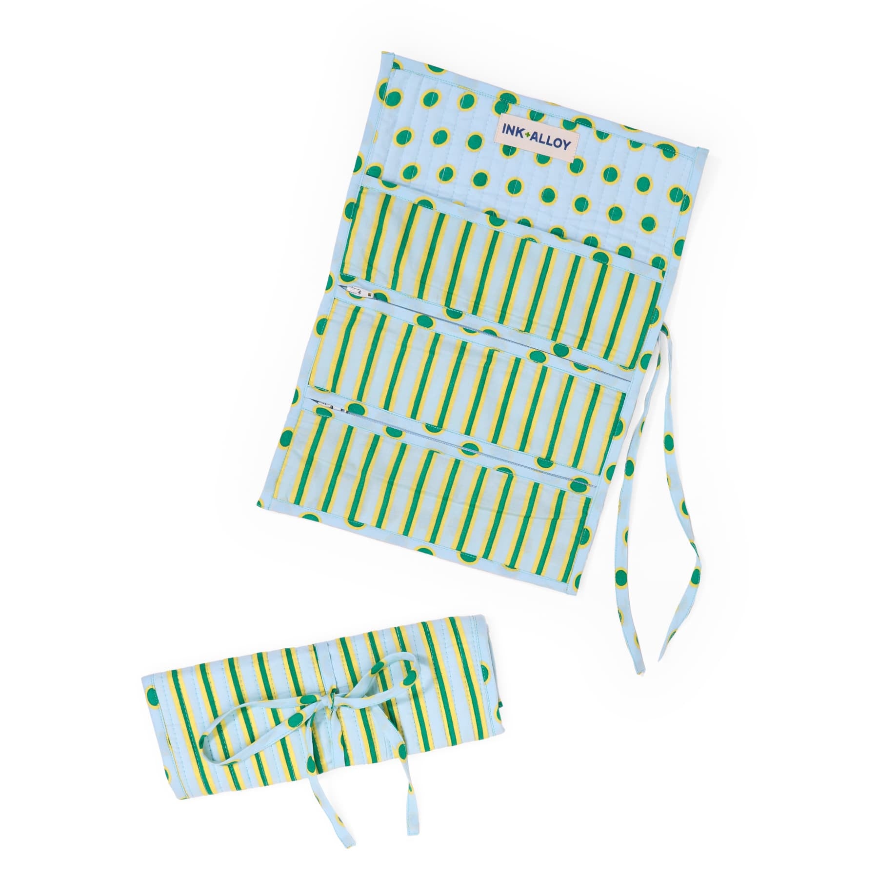Maddie Jewelry Roll Light Blue + Citron Stripes With Dot Trim + Lining Jewelry Roll
