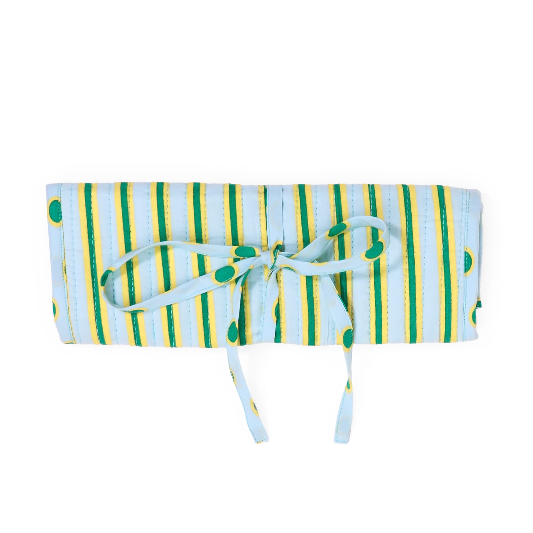 Maddie Jewelry Roll Light Blue + Citron Stripes With Dot Trim + Lining Jewelry Roll