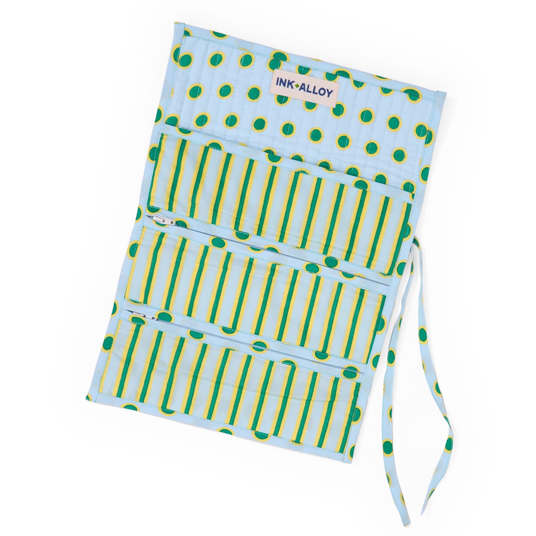 Maddie Jewelry Roll Light Blue + Citron Stripes With Dot Trim + Lining Jewelry Roll