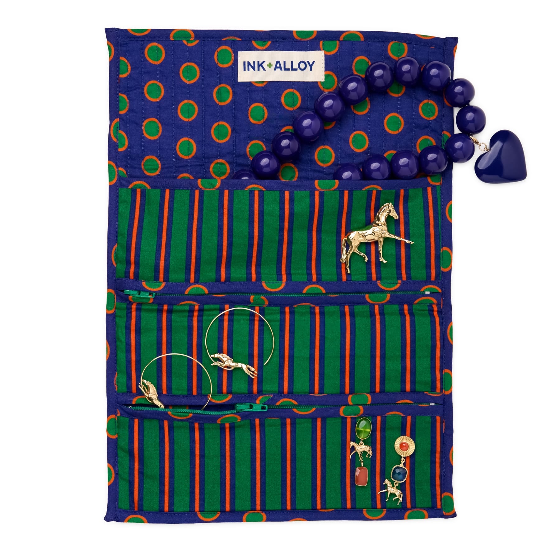 Maddie Jewelry Roll Navy + Green Stripes With Dot Trim + Lining Jewelry Roll
