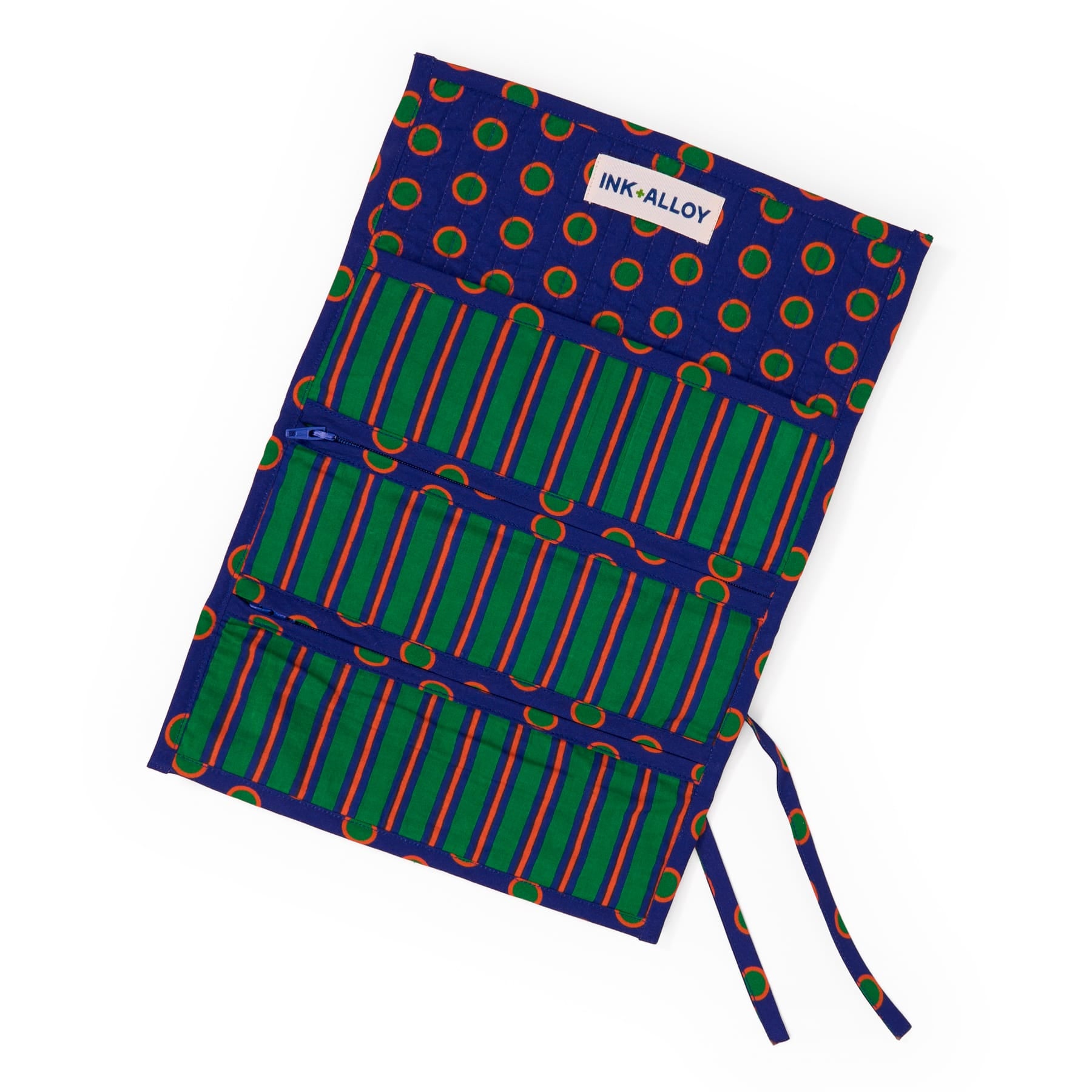 Maddie Jewelry Roll Navy + Green Stripes With Dot Trim + Lining Jewelry Roll