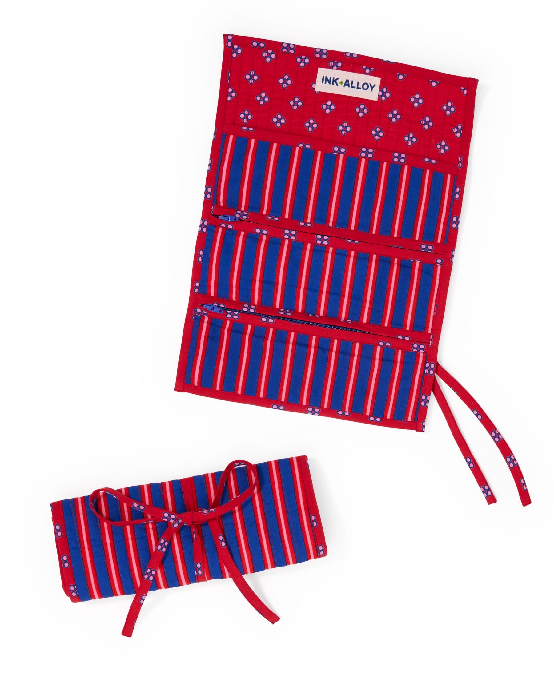 Maddie Jewelry Roll Navy + Red Stripes With Dot Trim + Lining Jewelry Roll