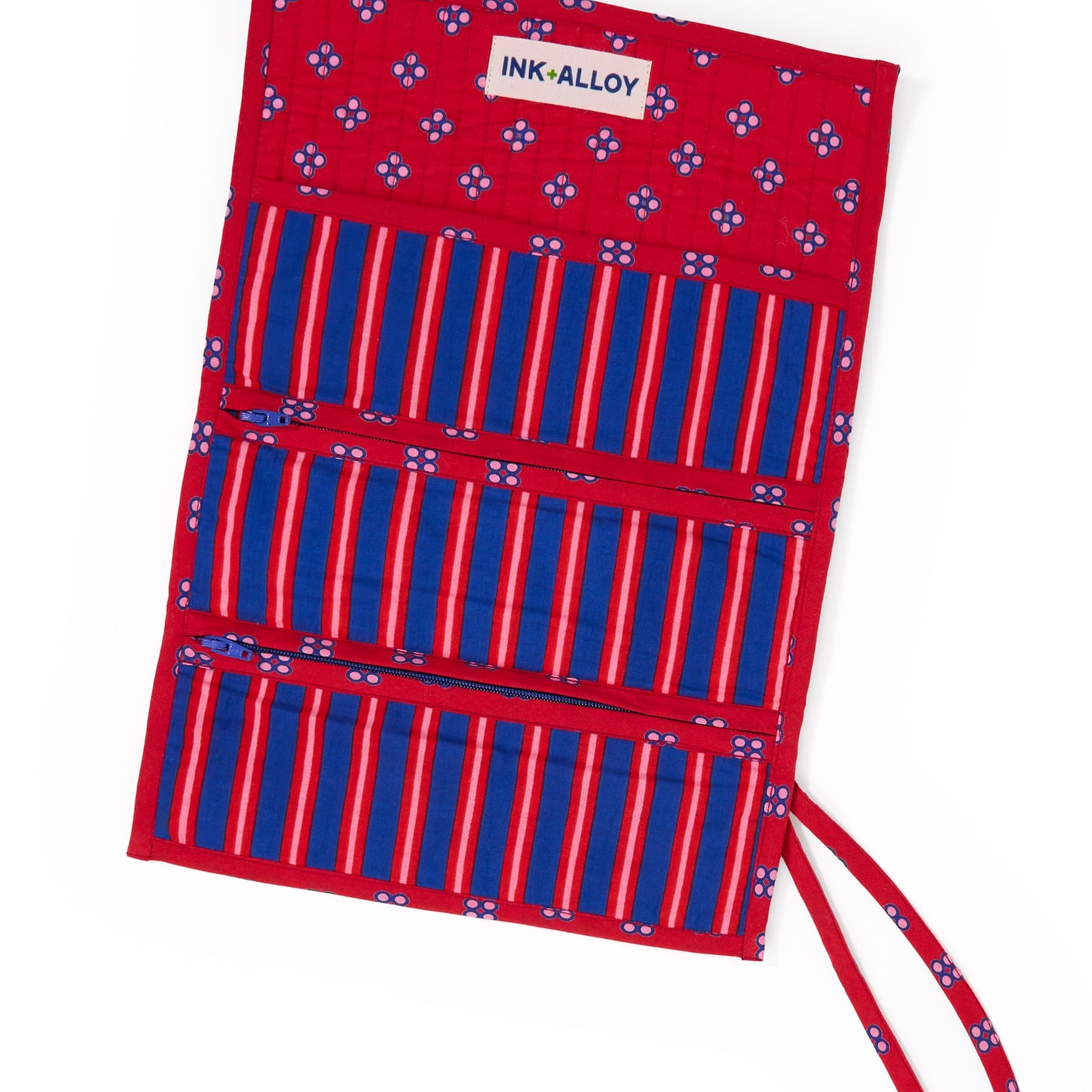 Maddie Jewelry Roll Navy + Red Stripes With Dot Trim + Lining Jewelry Roll