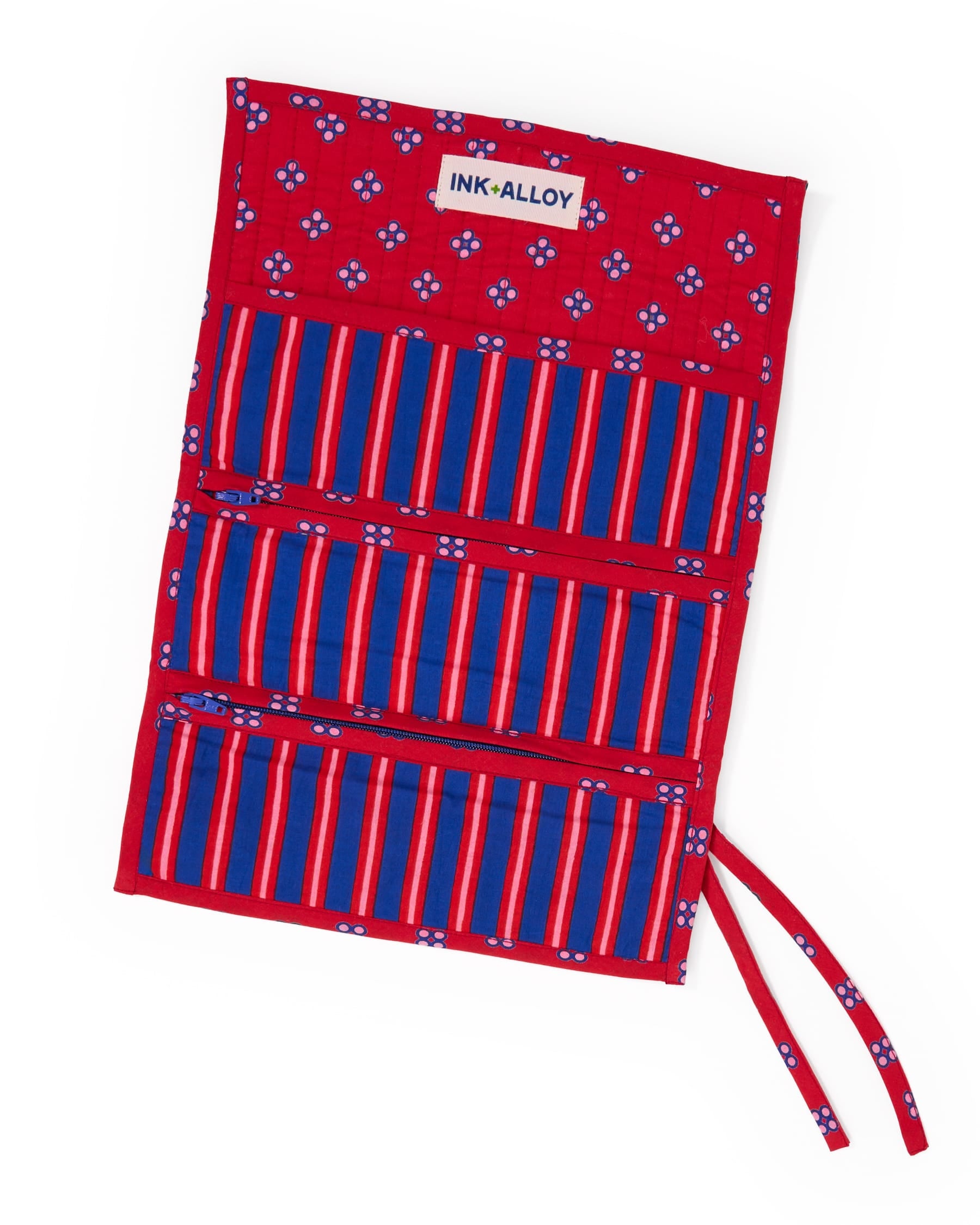 Maddie Jewelry Roll Navy + Red Stripes With Dot Trim + Lining Jewelry Roll