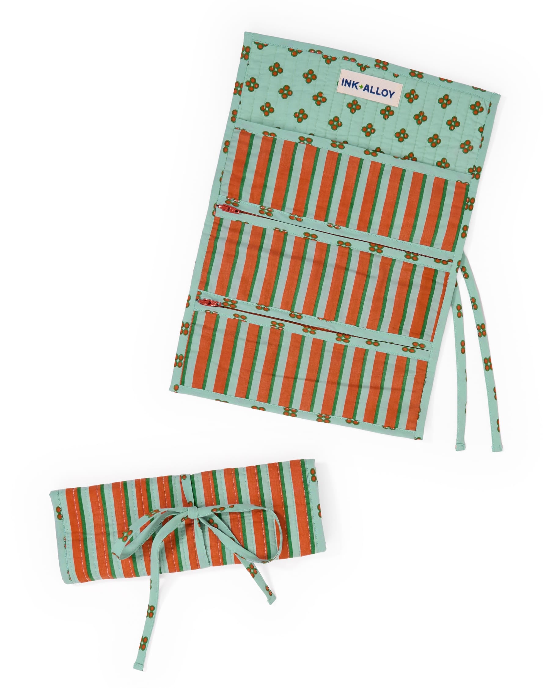 Maddie Jewelry Roll Sage + Rust Stripes With Dot Trim + Lining Jewelry Roll